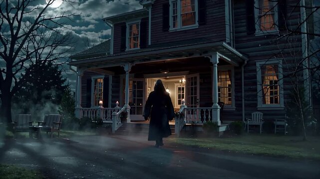 eerie house with robed figure emerging in the night mist | horror, thriller, mystery, halloween, gothic theme