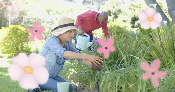 Woman inspecting plant starting sequence couple planting and watering purple blooms in 3D render