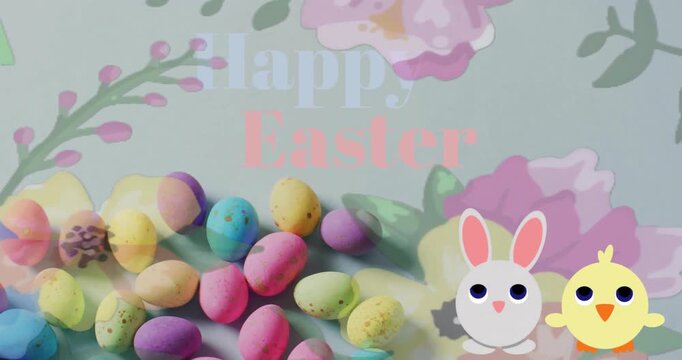 Card egg cluster bunny and chick reacting to text fade-in and ghosting sweep revealing Happy Easter