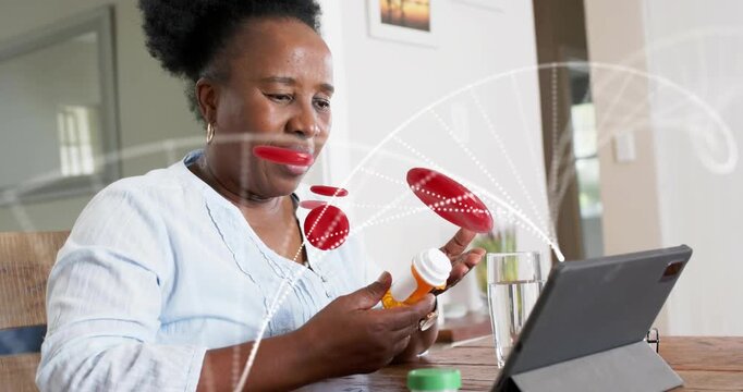 Woman picking up orange bottle, checking dosage, sending health blood-cell and DNA arcs over tablet
