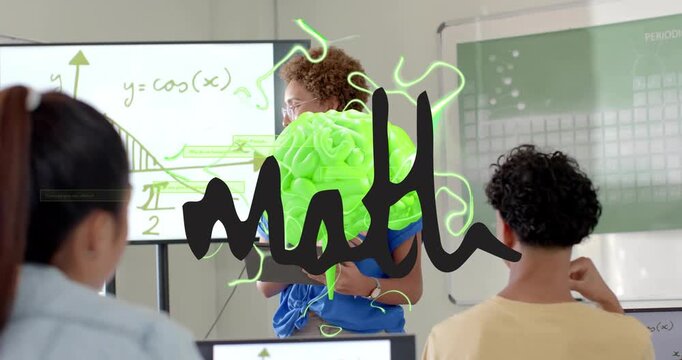 Teacher tapping tablet and teaching math, neon brain growing, pulsing, showing labels near y=cos(x)