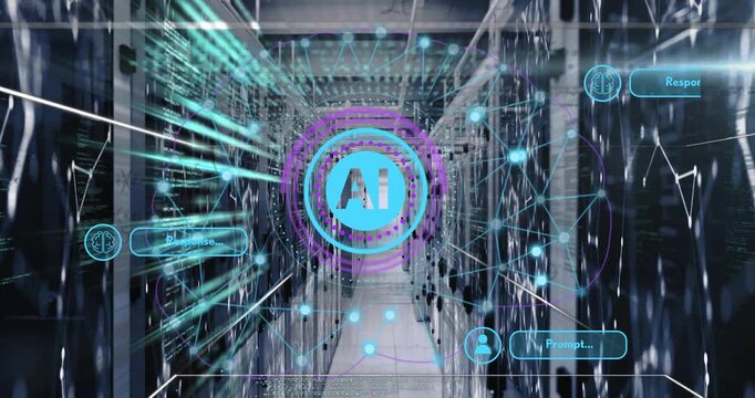 AI badge receiving Prompt input, expanding rings and nodes, overlaying racks and mapping tech flow