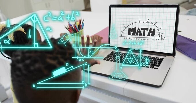 Boy reaching over keys and girl pointing at laptop, cyan holograms appearing, growing, showing math