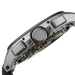 Close-up mechanical watch movement with gears and springs