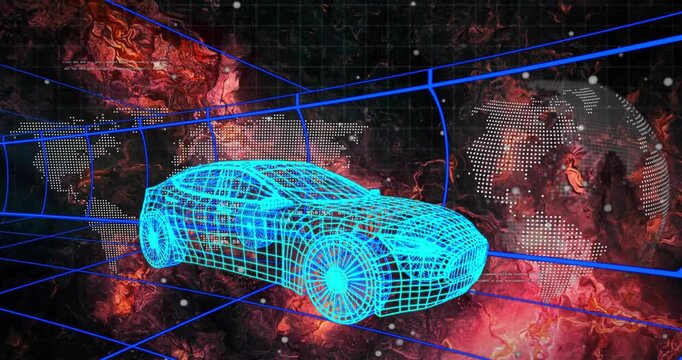 Timeline start, cyan mesh car centered as grid pulsing around it and globe flickering, showing tech