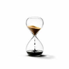 Hourglass with flowing golden sand on black base isolated on white background time management concept