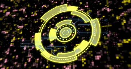 Glowing yellow circular HUD hovering over pixel field, showing rings, blue circuit traces