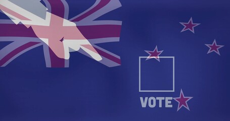Poster showing pale-pink pointing hand over Union-Jack with VOTE checkbox red stars on deep blue