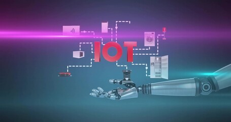 Reaching metallic robotic arm presenting IOT  and  dashed lines and device icons at studio, copy spa