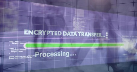 Projecting encrypted graphic on glass at office showing green progress bar, staff wearing jackets