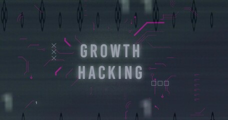Obraz premium Showing centered GROWTH HACKING title glowing on dark tech card, with magenta circuit nodes