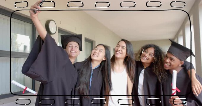 Graduates raising smartphone, taking group selfie in corridor, animated confetti marking graduation
