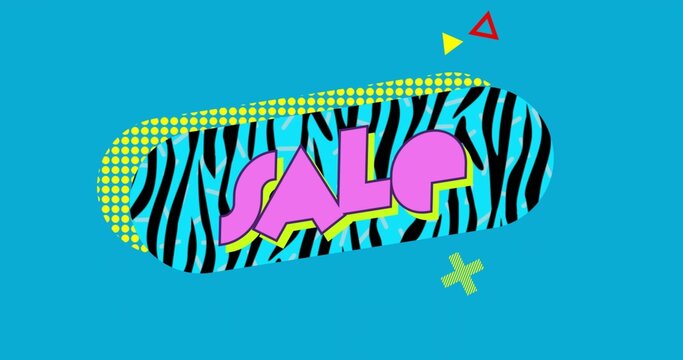 Showing zebra-striped capsule displaying bold pink SALE text on cyan, with halftone dot border