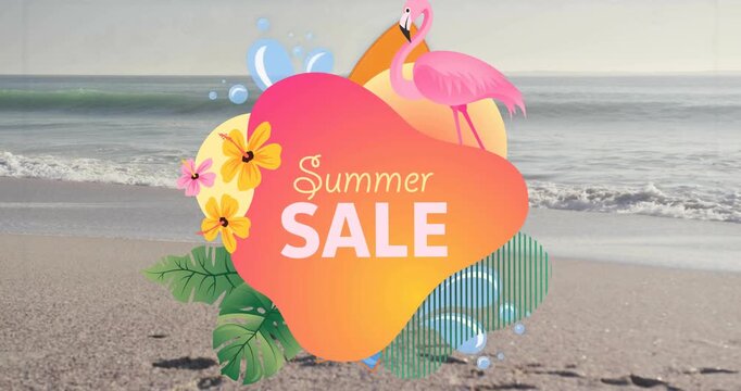 On start promo rising on beach with splashes, badge scaling revealing surfboard for Summer SALE