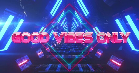 Fototapeta premium Large 3D neon text GOOD VIBES ONLY pulsing, syncing to beat, animating cubes, creating club vibe