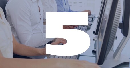 Typing office workers in business shirts using keyboards and mice at shared workstation, 5 overlay
