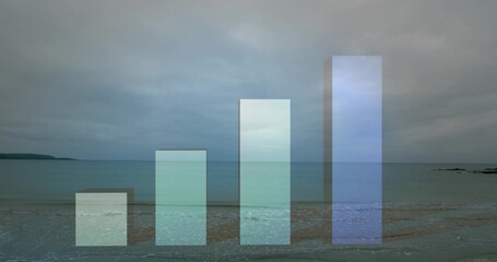 Naklejka premium Rising four translucent bars revealing sea through pastel faces on wet sand, shallow ripples