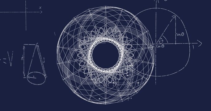 Displaying torus centered on navy blueprint showing ? semicircle with sin or cos and truncated cone