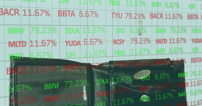 Displaying dark leather wallet showing pebble texture and metallic snap at desk, with stock tickers