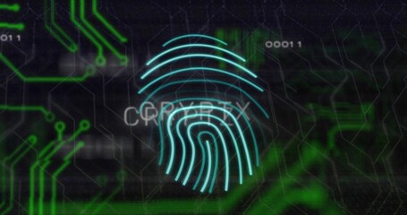 Showing glowing-cyan fingerprint-hologram on system UI hex-mesh neon-traces CRYPTO00011 scan-flares