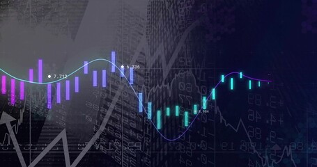 Naklejka premium Chart showing candlestick bars, glowing spline on screen after ticker update with numeric labels