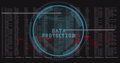 Displaying cyan HUD showing padlock on security UI with DATA PROTECTED label, logs and red nodes