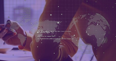 Holding smartphone, woman tapping at cafe table, wearing rust sweater with cup and globe overlay