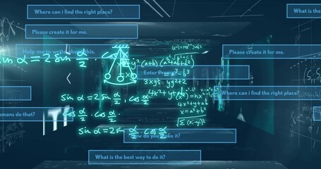 Fototapeta premium Vertical video: Floating cyan math and chat boxes in VR tunnel after prompt, making replies