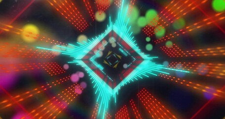 Fototapeta premium Pulsing central diamond equalizer emitting cyan spikes in digital tunnel, with red dotted columns
