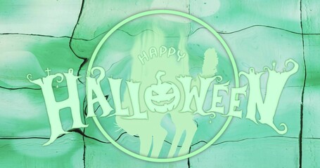 Obraz premium Displaying centered circular Halloween emblem on painted wooden planks, featuring jack-o'-lantern O