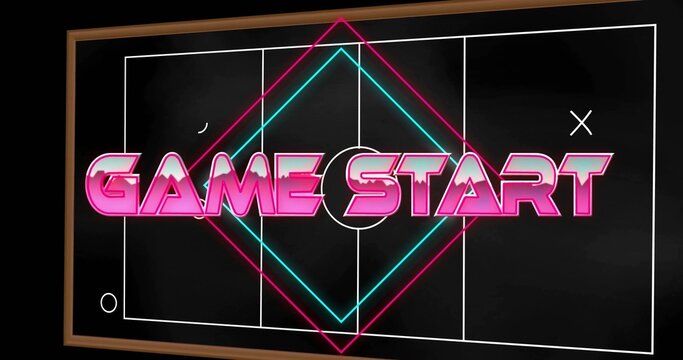 Displaying framed black sign, wood frame showing pitch marks, neon diamond and GAME START in studio