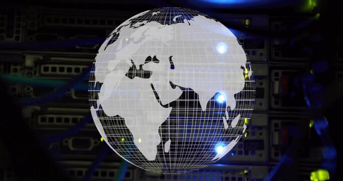 Rotating holographic globe showing Africa Europe Asia in data center with glowing nodes, cables