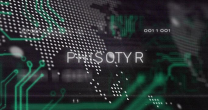 Showing PHISOTYR text over dotted world map in virtual HUD, showing neon traces, numbers, scanlines