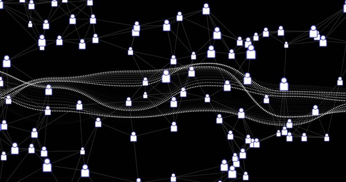 Network avatars routing inbound data pulse on black dotted band weaving through nodes to map links