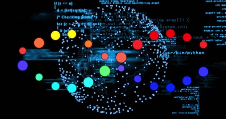 Displaying spherical network pulsing in virtual space, with colored nodes and  or usr or bin or pyth