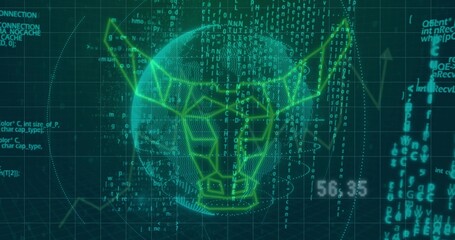 Displaying glowing wireframe bull head centered over dotted globe in virtual HUD, streaming code