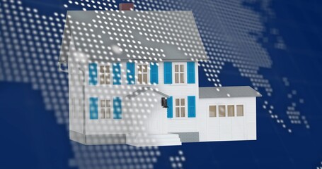 Floating 2-story house showing garage, porch steps, blue shutters, halftone map over blue backdrop