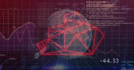 Fototapeta premium Rotating Earth-like globe revealing red network in cyber dashboard, with charts, code and -44