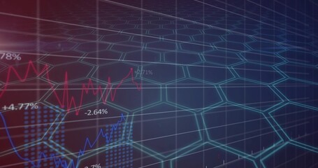 Displaying glowing hex grid mesh in virtual dashboard, with red blue traces and percent labels