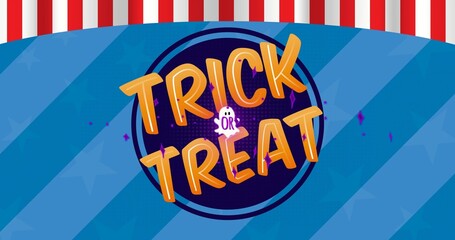 Obraz premium Displaying central circular badge showing TRICK OR TREAT text and ghost on blue striped banner