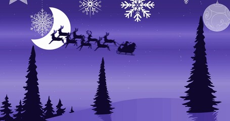 Silhouetted Santa in suit flying sleigh over snowy hills at night, with eight reindeer and bauble