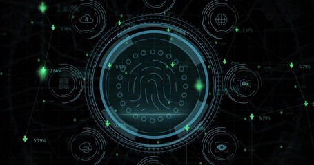 Showing central fingerprint scanner on interface, rings, icons, nodes, green arrows, percent labels