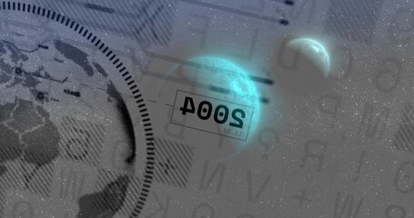 Fototapeta premium Glowing cyan planet occupying right side, showing crescent, globe gauge, mirrored 2004, copy space