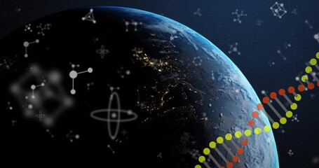 Fototapeta premium Rotating planet Earth in orbital view, showing terminator line and city lights, with DNA helix