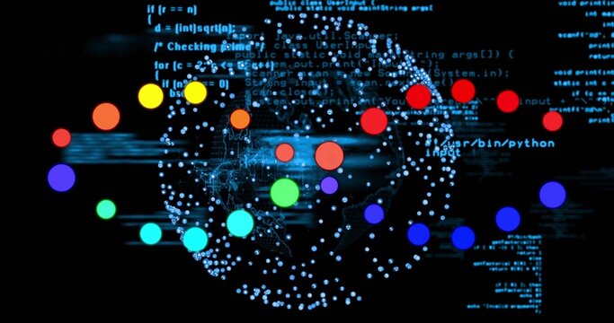 Displaying spherical network pulsing in virtual space, with colored nodes and  or usr or bin or pyth
