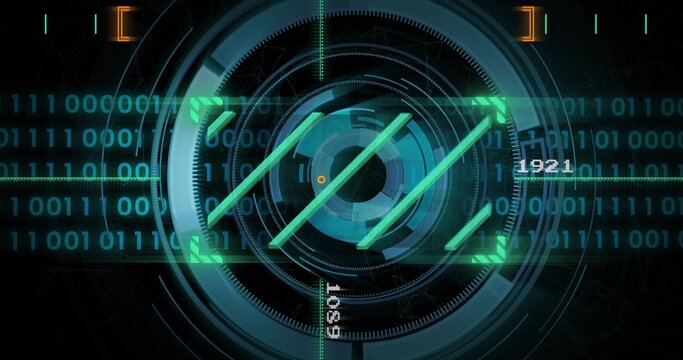Displaying central circular HUD reticle on virtual panel with targeting frame, binary streams, 1921