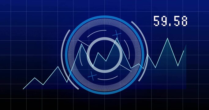 Displaying central concentric HUD on virtual dashboard, showing neon cyan line chart, readout 59