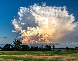 A large, puffy white cloud over a green field with trees