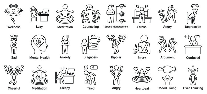 Mental Health and Wellness Icon Set. Line Style Icons Including meditation, counseling, stress, anxiety, depression, mood swing, anger, tired, sleepy, overthinking, diagnosis and psychology concepts