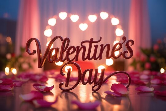 Valentine's Day decoration with heart shaped lights and rose petals